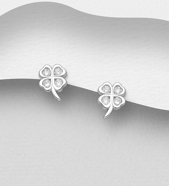 701-17776 - Wholesale 925 Sterling Silver Clover Push-Back Earrings, Decorated with CZ Simulated Diamonds