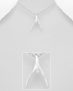 701-22502 - Wholesale 925 Sterling Silver Wishbone Pendant Decorated with CZ Simulated Diamonds