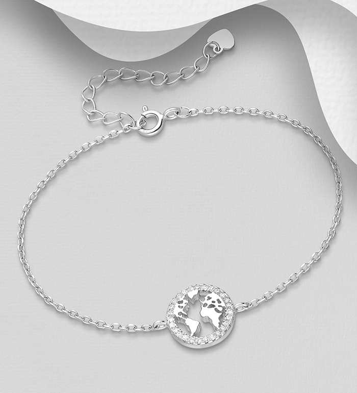 701-23227 - Wholesale 925 Sterling Silver Bracelet Featuring Worlds Map Decorated with CZ Simulated Diamonds