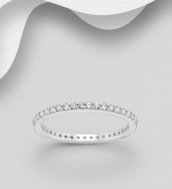 701-23314 - Wholesale 925 Sterling Silver Band Ring, Decorated with CZ Simulated Diamonds, 2 mm Wide