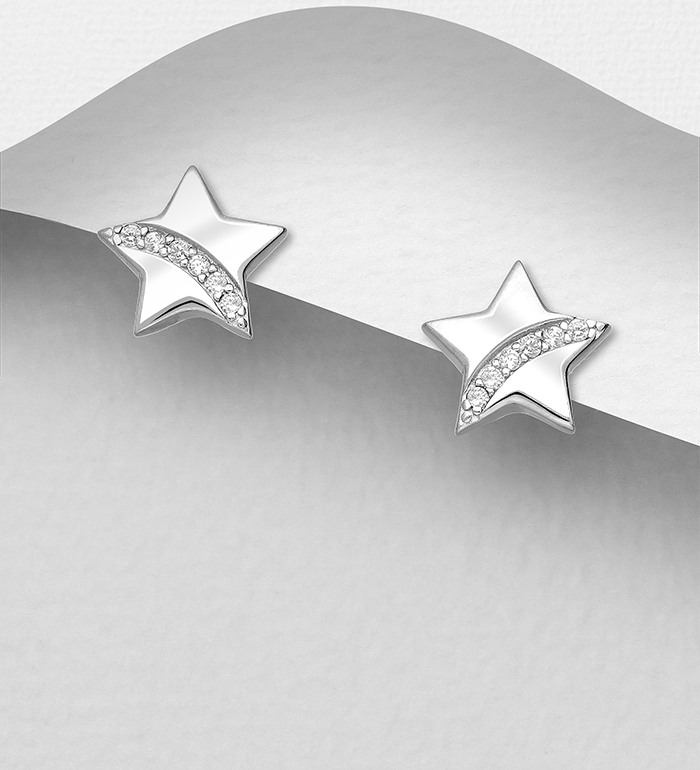 701-24552 - Wholesale 925 Sterling Silver Star Push-Back Earrings, Decorated with CZ Simulated Diamonds