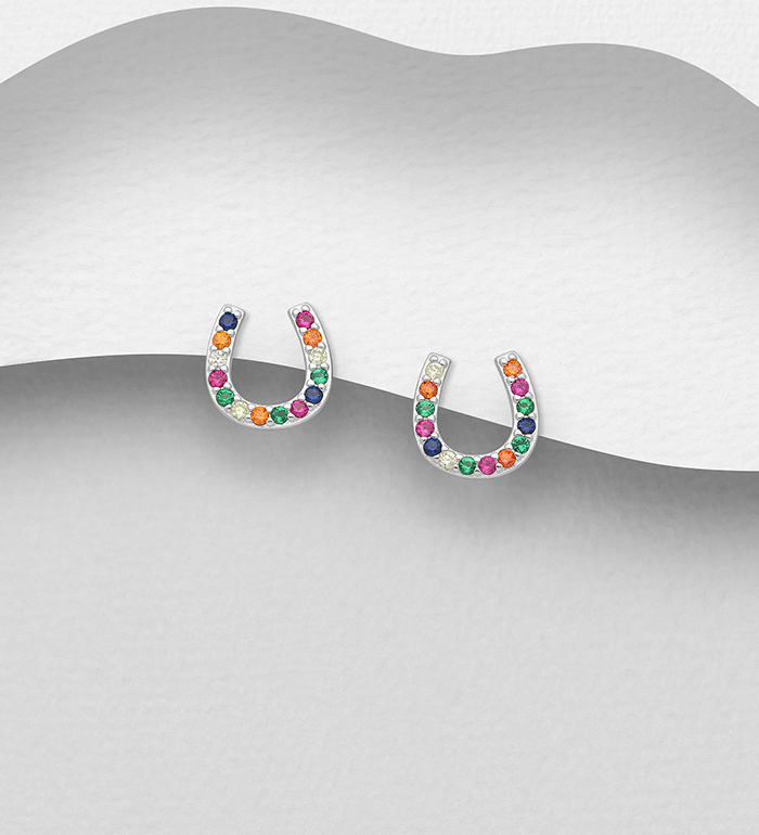 701-24554 - Wholesale 925 Sterling Silver Horseshoe Push-Back Earrings, Decorated with Colorful CZ Simulated Diamonds, CZ Simulated Diamond Colors may Vary.