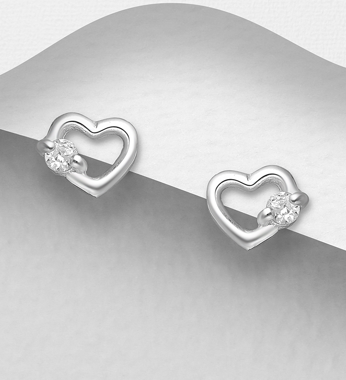 701-25356 - Wholesale 925 Sterling Silver Heart Push-Back Earrings, Decorated with CZ Simulated Diamonds