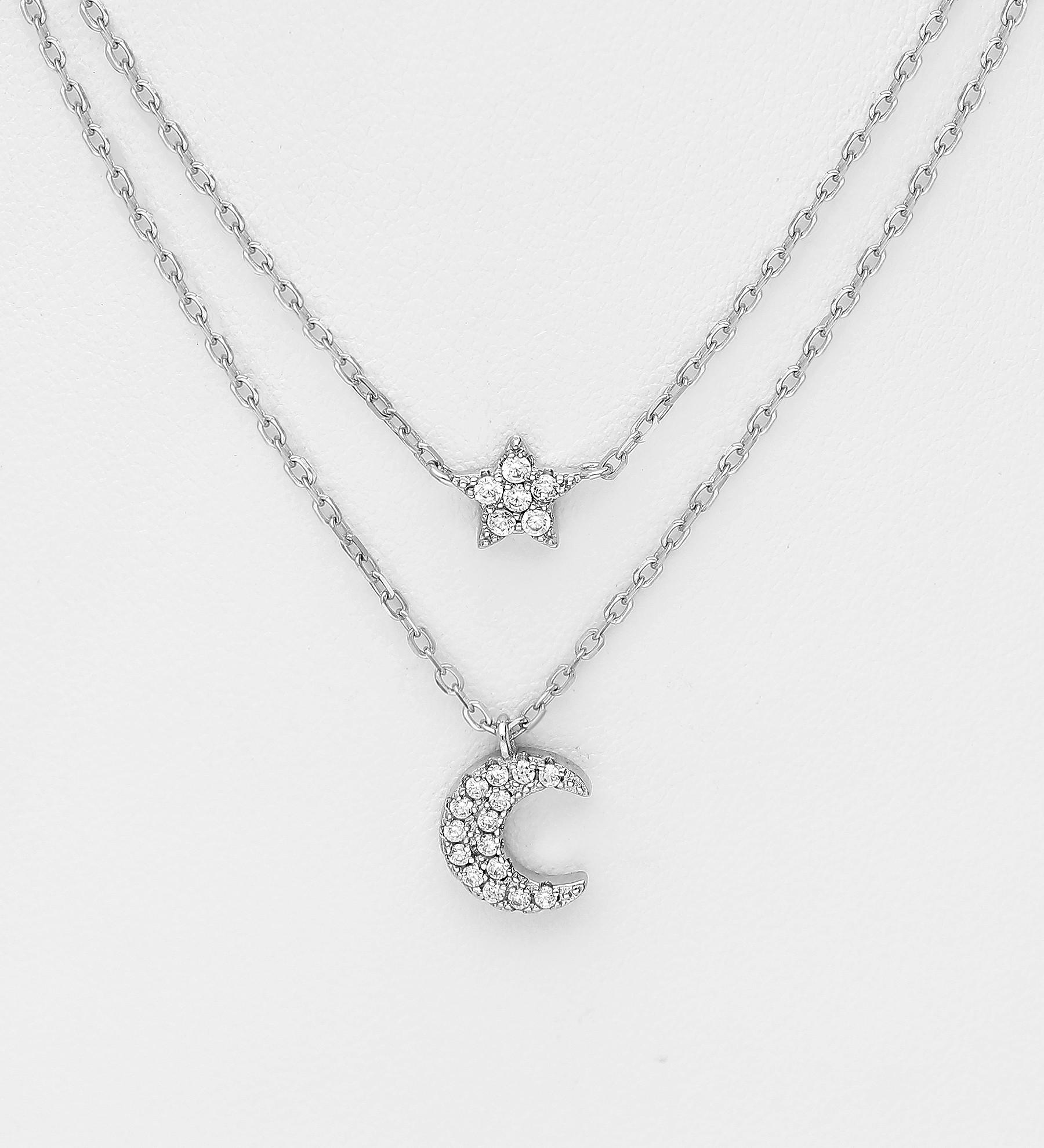 701-25846 - Wholesale 925 Sterling Silver Moon and Star Necklace, Decorated with CZ Simulated Diamonds