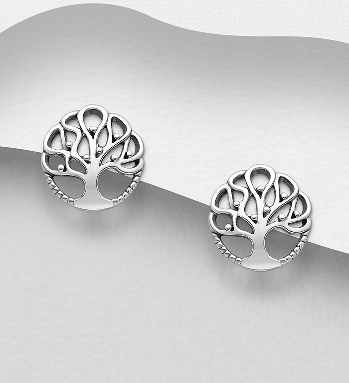 706-12602 - Wholesale 925 Sterling Silver Oxidized Tree of Life Push-Back Earrings