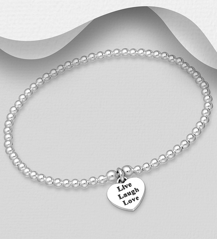 706-12749 - Wholesale 925 Sterling Silver Heart Bracelet, Engraved with Live, Laugh, Love