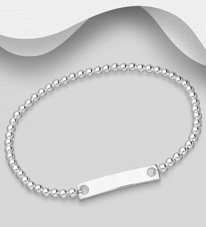 706-13029 - Wholesale 925 Sterling Silver Elastic Engravable Tag and Ball Bracelet