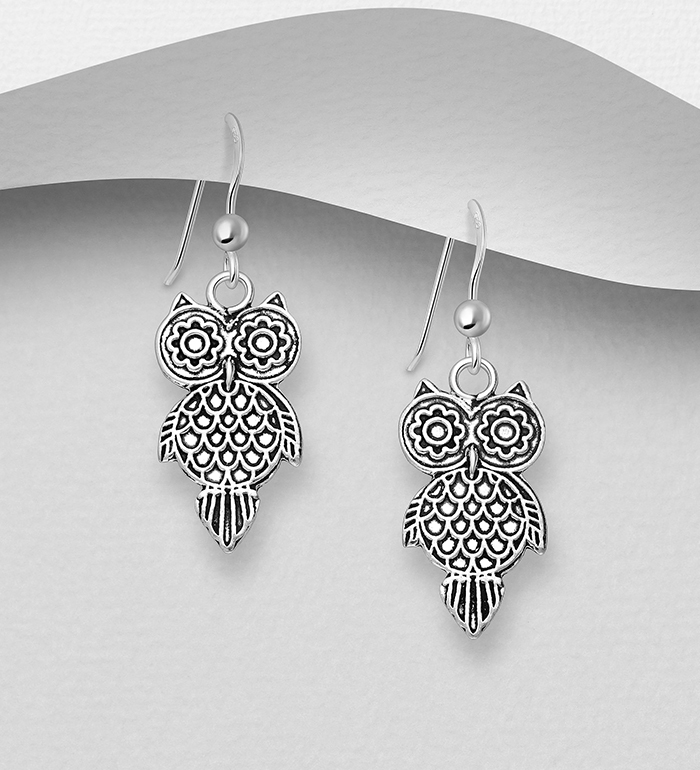 706-13739 - Wholesale 925 Sterling Silver Oxidized Owl Hook Earrings