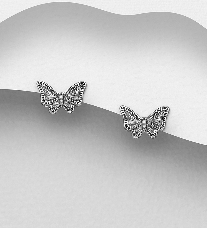 706-14081 - Wholesale 925 Sterling Silver Oxidized Butterfly Push-Back Earrings