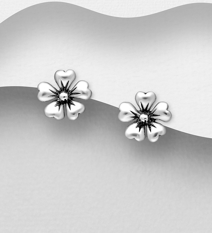 706-14440 - Wholesale 925 Sterling Silver Oxidized Flower Push-Back Earrings