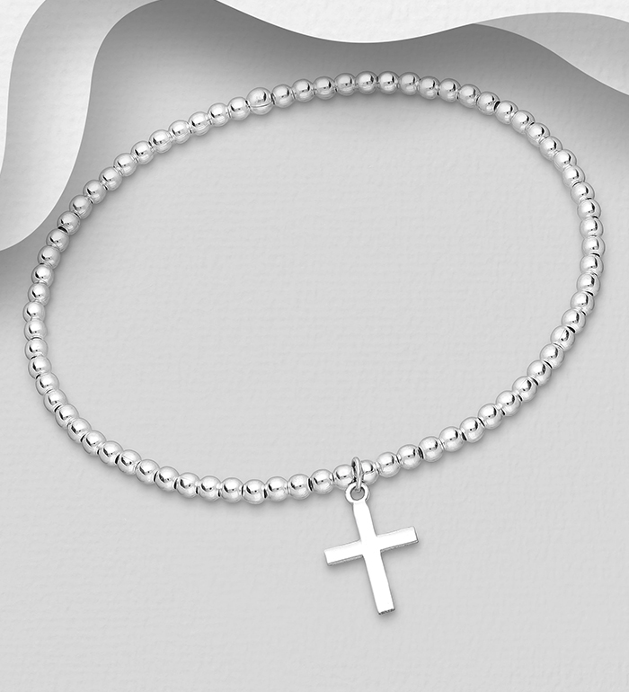 706-15174 - Wholesale 925 Sterling Silver Ball & Cross Stretch Bracelet