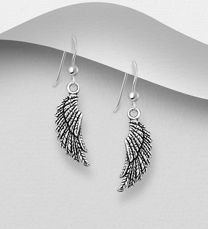 706-15387 - Wholesale 925 Sterling Silver Oxidized Wings Hook Earrings