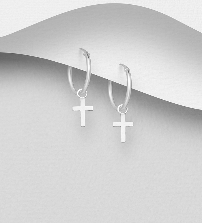 706-16060 - Wholesale 925 Sterling Silver Hoop and Cross Charm Earrings