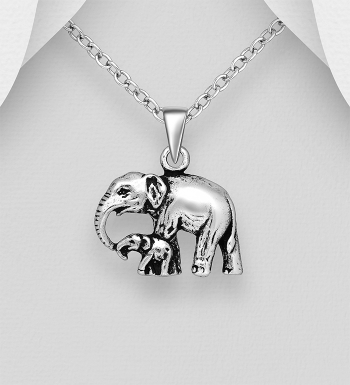 706-16262 - Wholesale 925 Sterling Silver Oxidized Mom and baby Elephant Pendant
