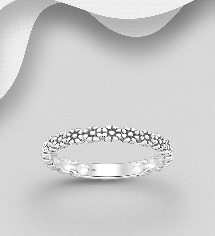 706-16553 - Wholesale 925 Sterling Silver Oxidized Flower Band Ring, 2 mm Wide 