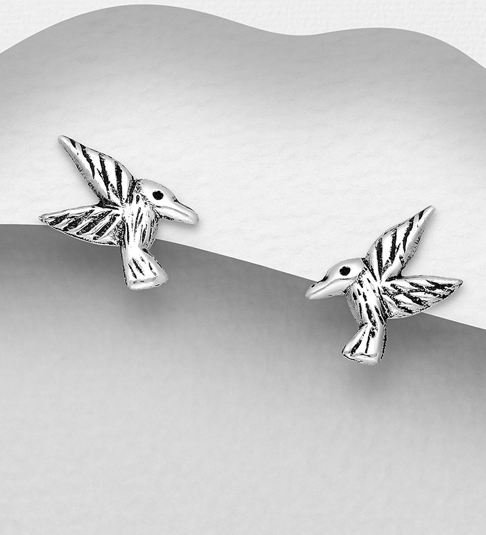 706-16968 - Wholesale 925 Sterling Silver Oxidized Bird Push-Back Earrings