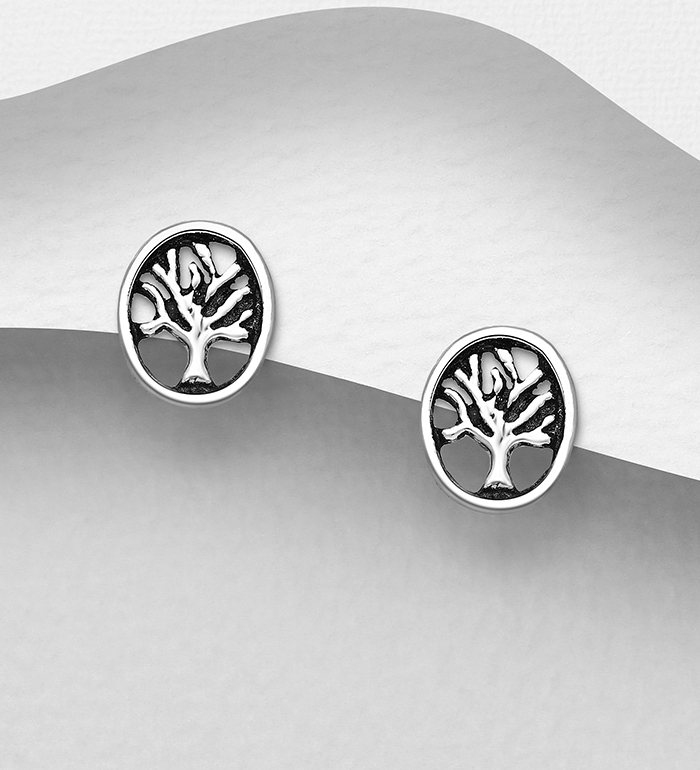 706-17012 - Wholesale 925 Sterling Silver Oxidized Tree of Life Push-Back Earrings