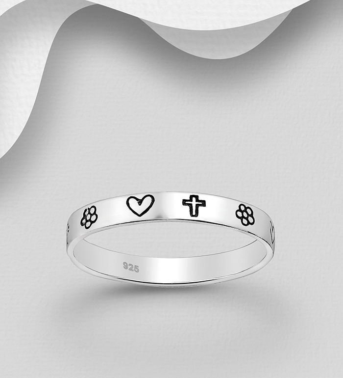 706-17588 - Wholesale 925 Sterling Silver Oxidized Heart, Flower and Cross Band Ring, 3 mm Wide 