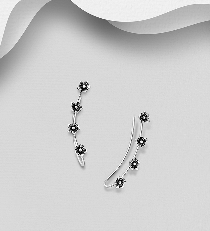 706-18569 - Wholesale 925 Sterling Silver Oxidized Flower Ear Pins