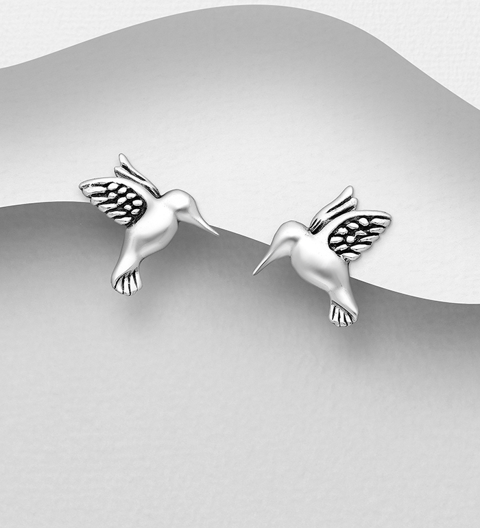 706-23449 - Wholesale 925 Sterling Silver Oxidized Hummingbird Push-Back Earrings
