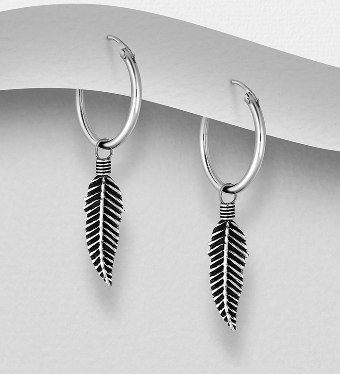 706-24109 - Wholesale 925 Sterling Silver Hoop Earrings with Feather Charms