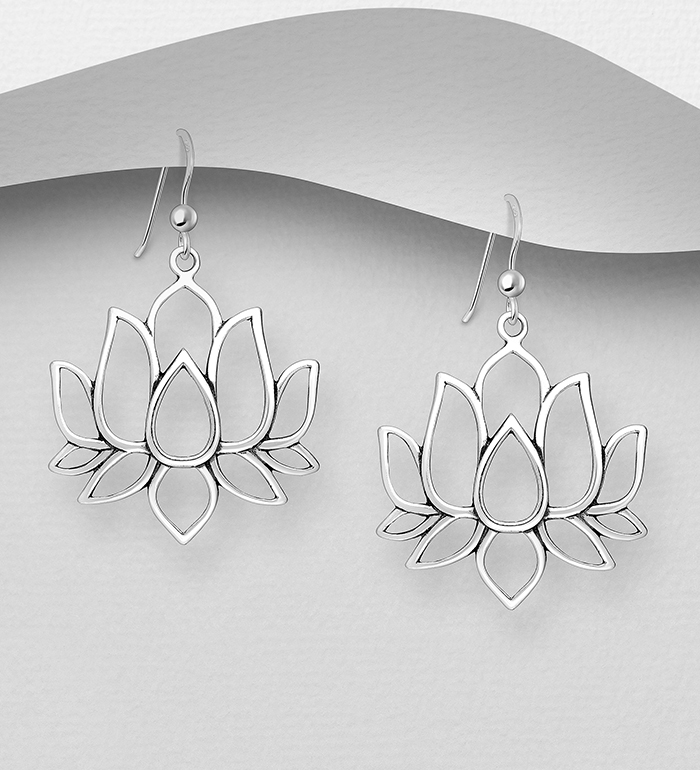 706-25345 - Wholesale 925 Sterling Silver Oxidized Lotus Hook Earrings