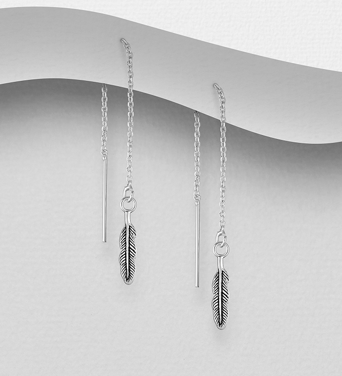 706-26089 - Wholesale 925 Sterling Silver Oxidized Feather Thread Earrings