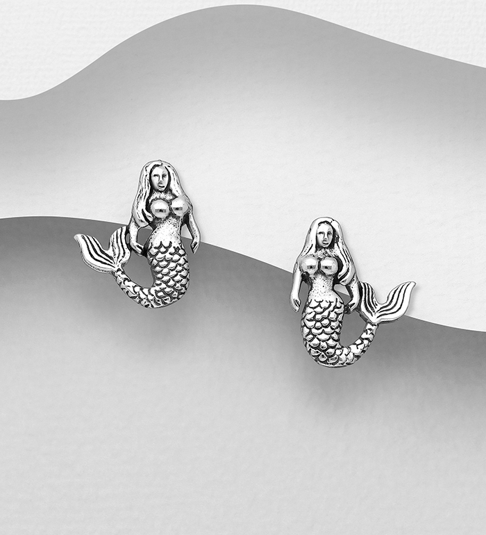 706-26244 - Wholesale 925 Sterling Silver Oxidized Mermaid Push-Back Earrings