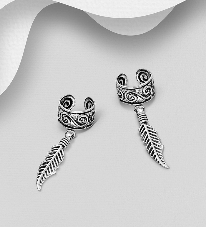 706-26965 - Wholesale 925 Sterling Silver Oxidized Feather And Swirl Ear Cuffs