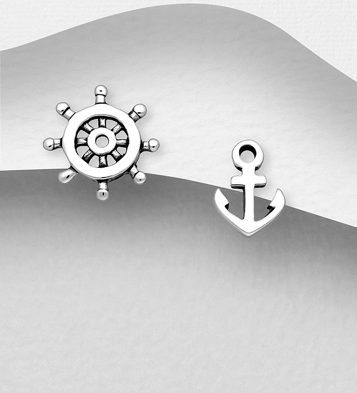 706-26977 - Wholesale 925 Sterling Silver Anchor And Ship Wheel Push-Back Earrings