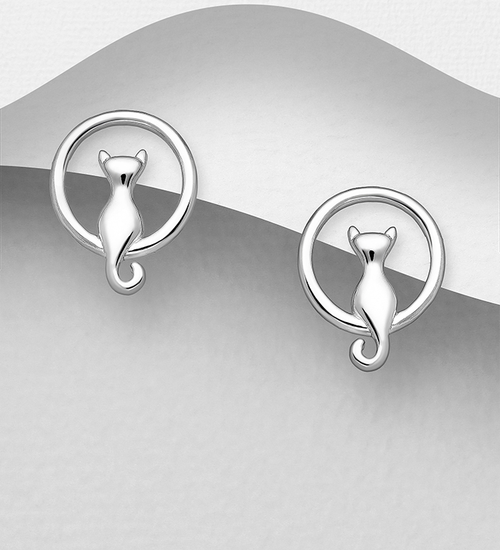706-27964 - Wholesale 925 Sterling Silver Circle Cat Push-Back Earrings