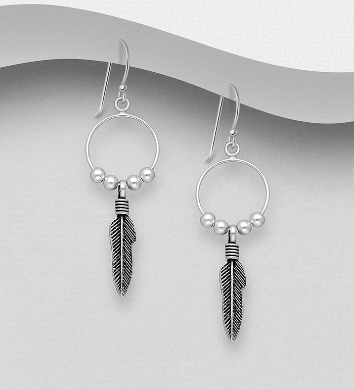 706-28085 - Wholesale 925 Sterling Silver Oxidized Feather And Ball Hook Earrings