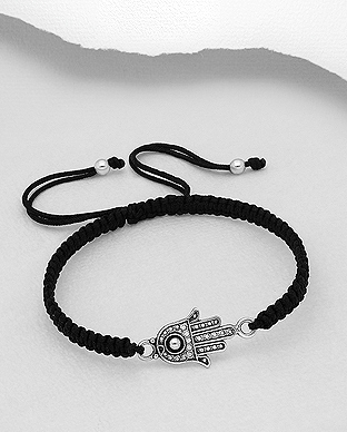 706-28158 - Wholesale 925 Sterling Silver Oxidized Hamsa Adjustable Bracelet