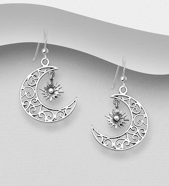 706-28199 - Wholesale 925 Sterling Silver Oxidized Swirl Crescent Moon and Star Hook Earrings
