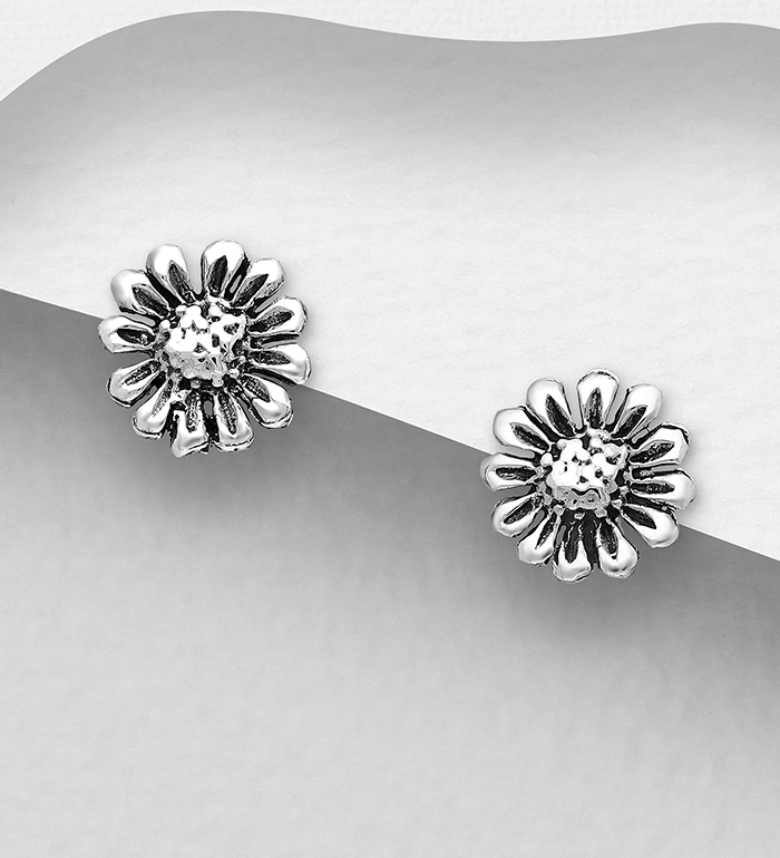 706-28748 - Wholesale 925 Sterling Silver Oxidized Flower Push-Back Earrings