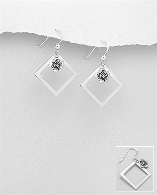706-28855 - Wholesale 925 Sterling Silver Oxidized Hook Earrings Featuring Flower And Square