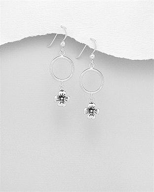 706-28866 - Wholesale 925 Sterling Silver OXidized Hook Earrings Featuring Circle And Flower