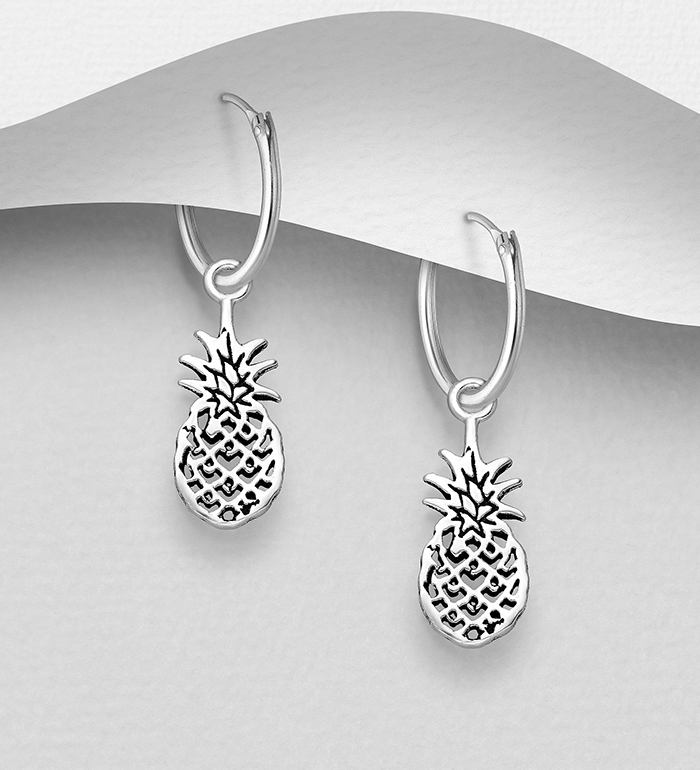 706-28932 - Wholesale 925 Sterling Silver Oxidized Pineapple Hoop Earrings
