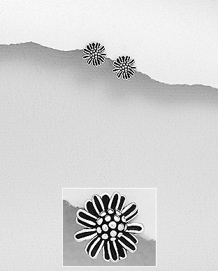 706-29265 - Wholesale 925 Sterling Silver Oxidized Flower Push-Back Earrings