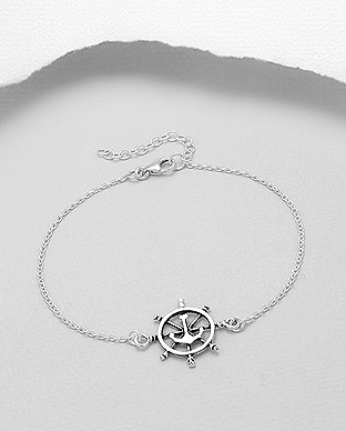 706-29302 - Wholesale 925 Sterling Silver Oxidized Anchor And Ship Wheel Bracelet