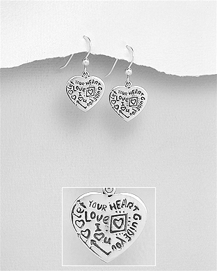 706-29665 - Wholesale 925 Sterling Silver Heart Let YOUR HEART GUIDE YOU, LOVE, I Love You Hook Earrings