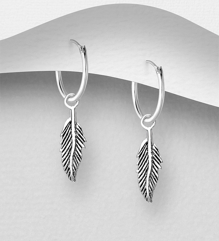 706-30167 - Wholesale 925 Sterling Silver Oxidized Leaf Hoop Earrings