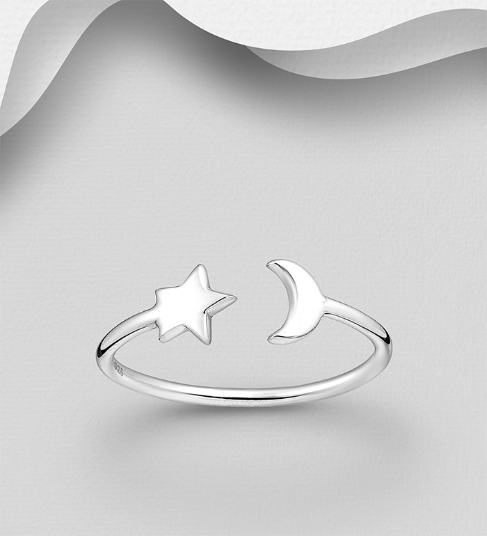 706-30683 - Wholesale 925 Sterling Silver Adjustable Ring Featuring Moon and Star