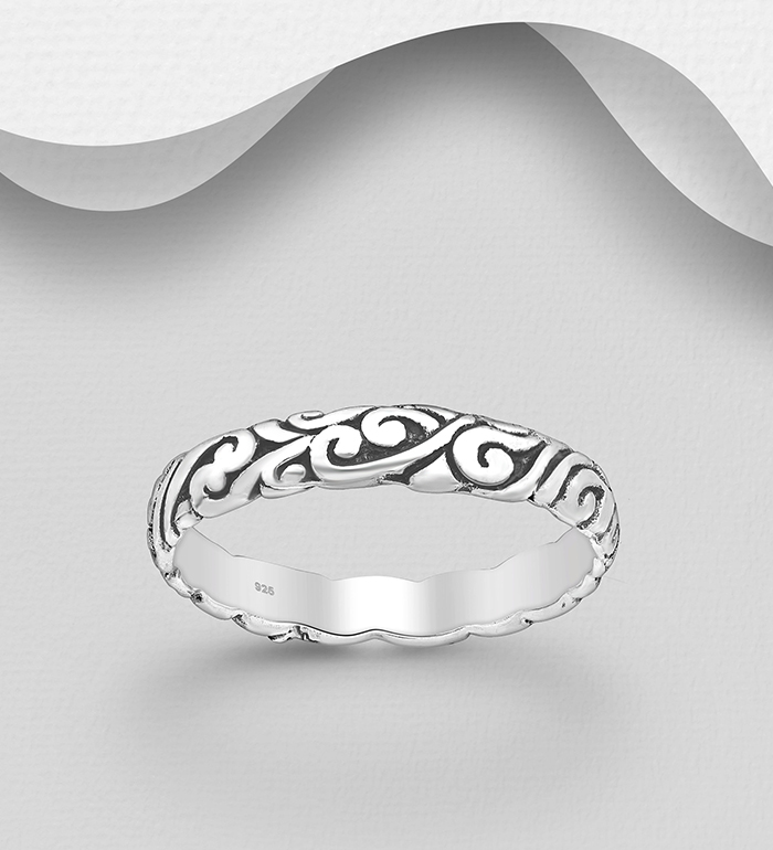 706-31212 - Wholesale 925 Sterling Silver Oxidized Swirl Band Ring, 4 mm Wide 