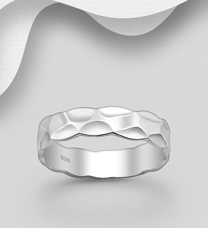 706-455 - Wholesale 925 Sterling Silver Hammered Band Ring, 4 mm Wide