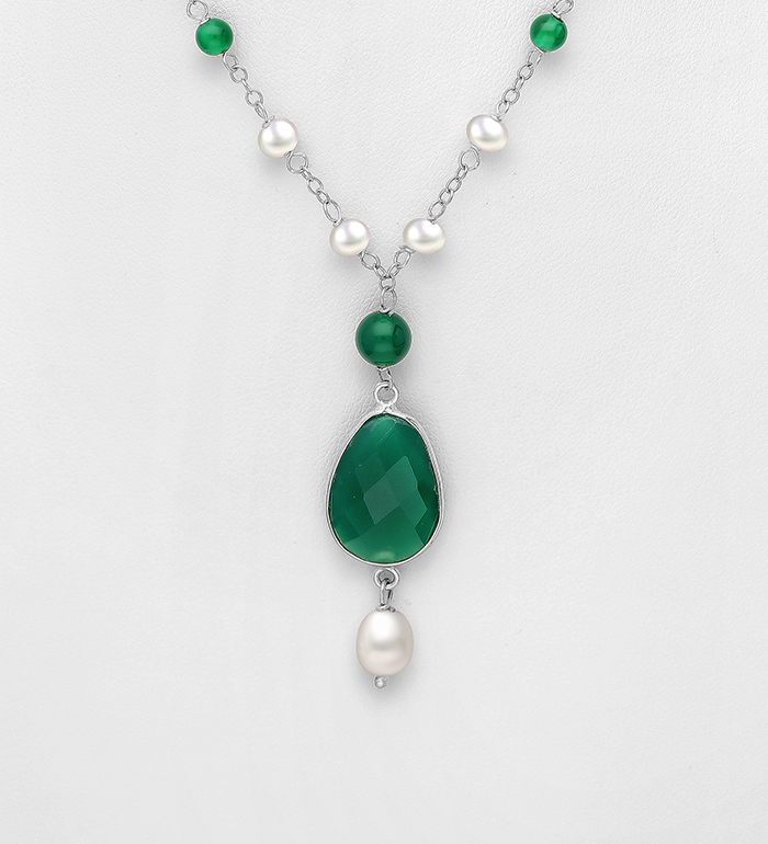 781-4351 - Wholesale 925 Sterling Silver Necklace, Beaded with Freshwater Pearls and Various Gemstones, Stone may vary