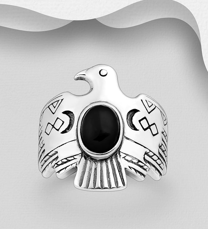 781-5644 - Wholesale 925 Sterling Silver Oxidized Eagle Ring, Decorated with Gemstones