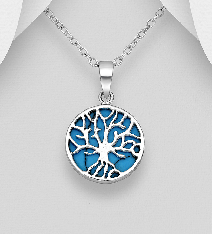 781-5807 - Wholesale 925 Sterling Silver Tree of Life Pendant, Decorated with Resin or Simulated Turquoise