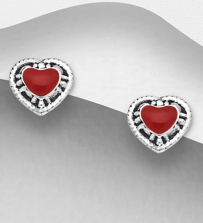 781-6084 - Wholesale 925 Sterling Silver Heart Push-Back Earrings, Decorated with Various Colored Resins 