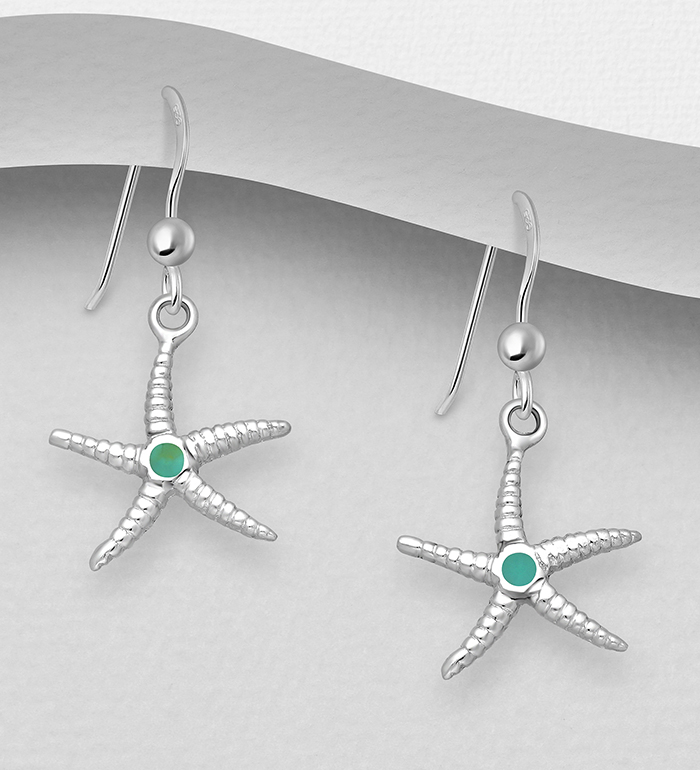 781-6707 - Wholesale 925 Sterling Silver Starfish Hook Earrings, Decorated with Resin or Simulated Turquoise
